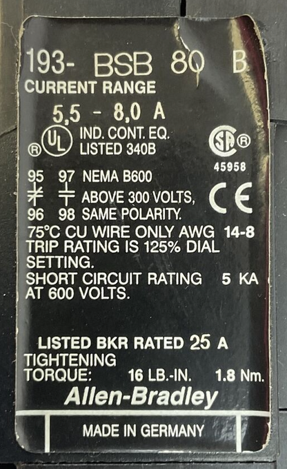 ALLEN BRADLEY 100-A09ND3 STARTER SER B 600VAC 7-1/2HP  COIL 120V 60HZ 193-BSB 80