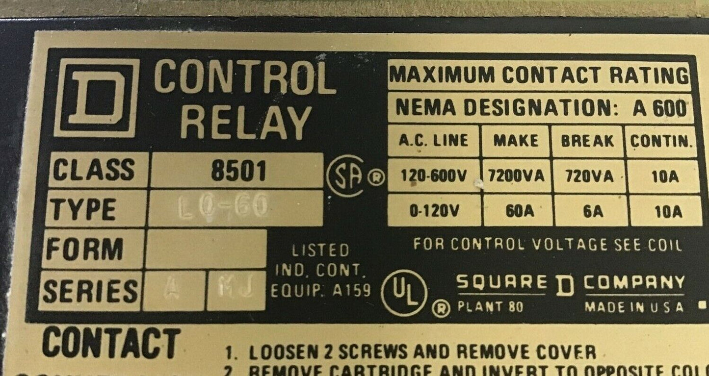 SQUARE D 8501 LO-60 AC MAGNETIC RELAY SER.A 120-60/110-50
