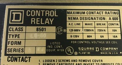 SQUARE D 8501 LO-60 AC MAGNETIC RELAY SER.A 120-60/110-50