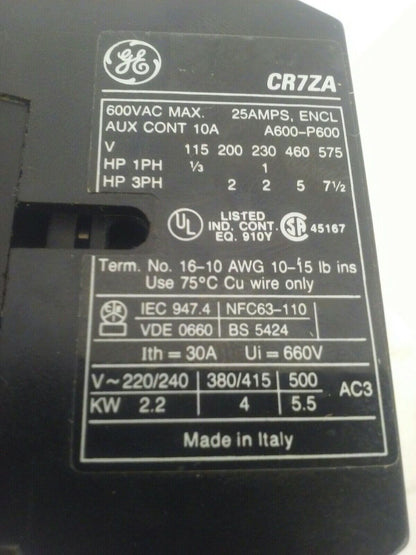 GENERAL ELECTRIC CR7ZA CONTACTOR 600V 25A 3PH 7.5HP 24VDC COIL W/ CR7XS13J