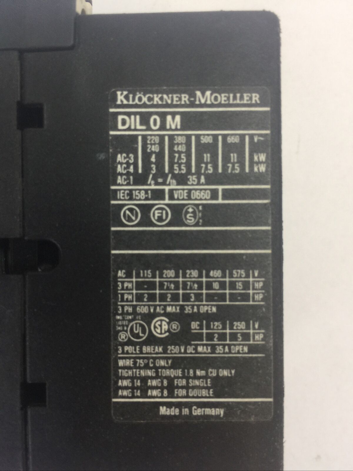 KLOCKNER MOELLER STARTER DIL 0M CONTACTOR 3POLE 250VDC 35A 15HP COIL 115V 60HZ