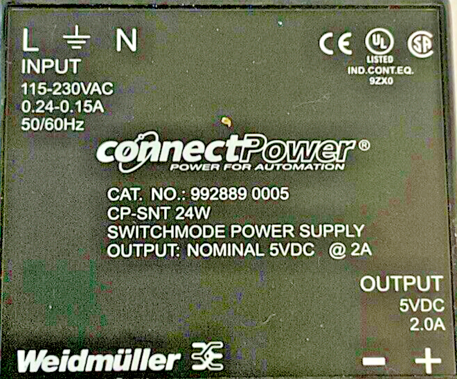 WEIDMULLER 992889 0005 POWER SUPPLY CP-SNT 24W 5VDC 2A 230VAC 50/60HZ