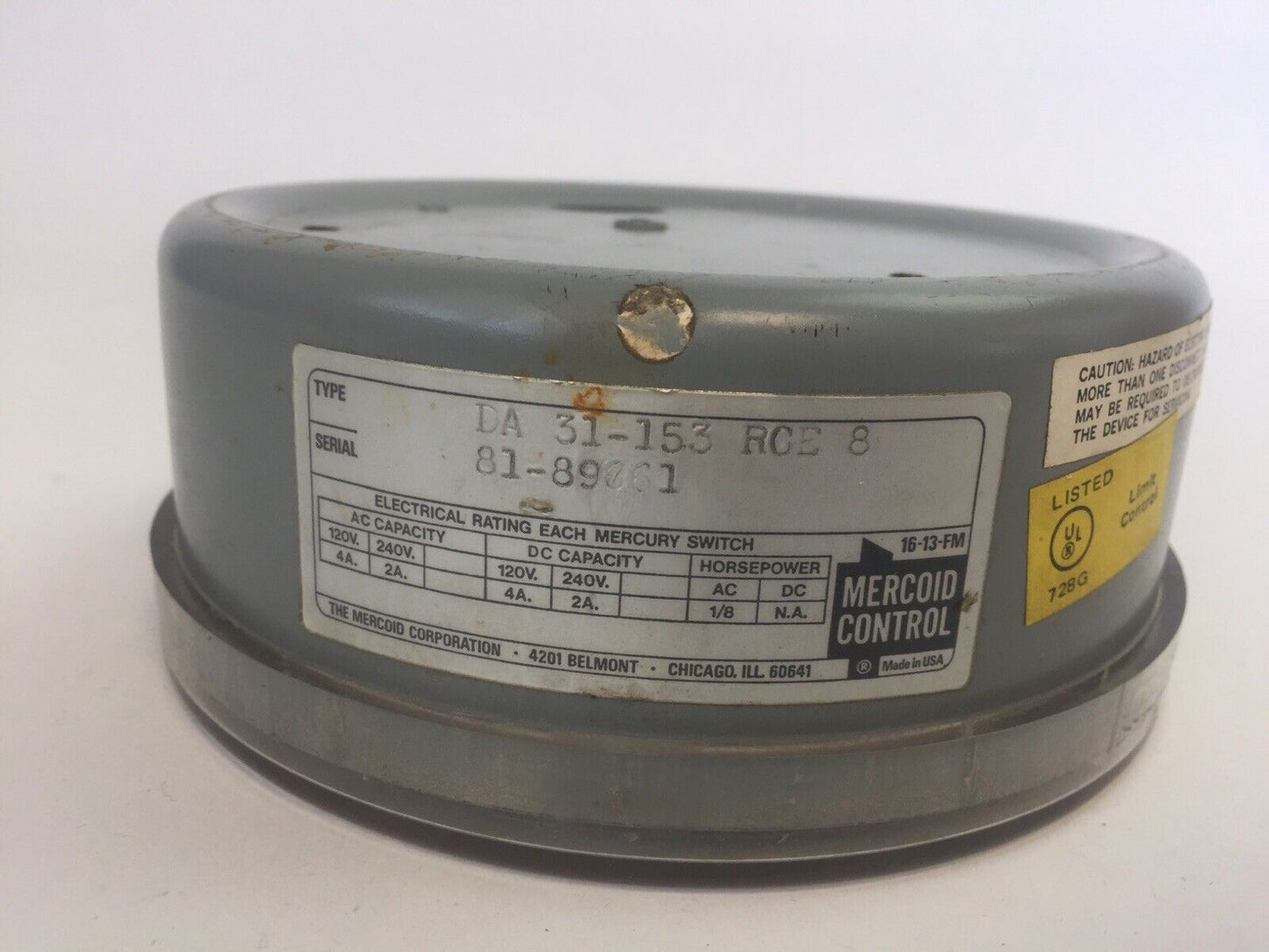 MERCOID CONTROL TYPE DA 31-153 RGE 8 PRESSURE CONTROL SWITCH 120/240V 4/2A