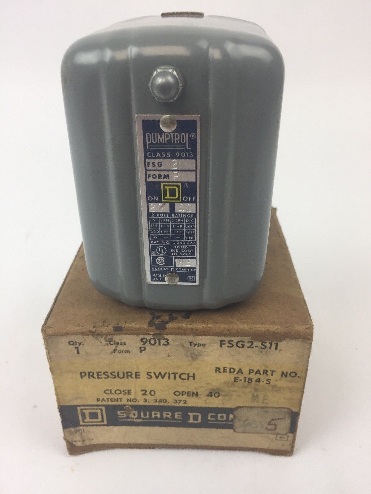 SQUARE D CLASS 9013 TYPE FSG2-S11 PRESSURE SWITCH CLOSE 20 OPEN 40