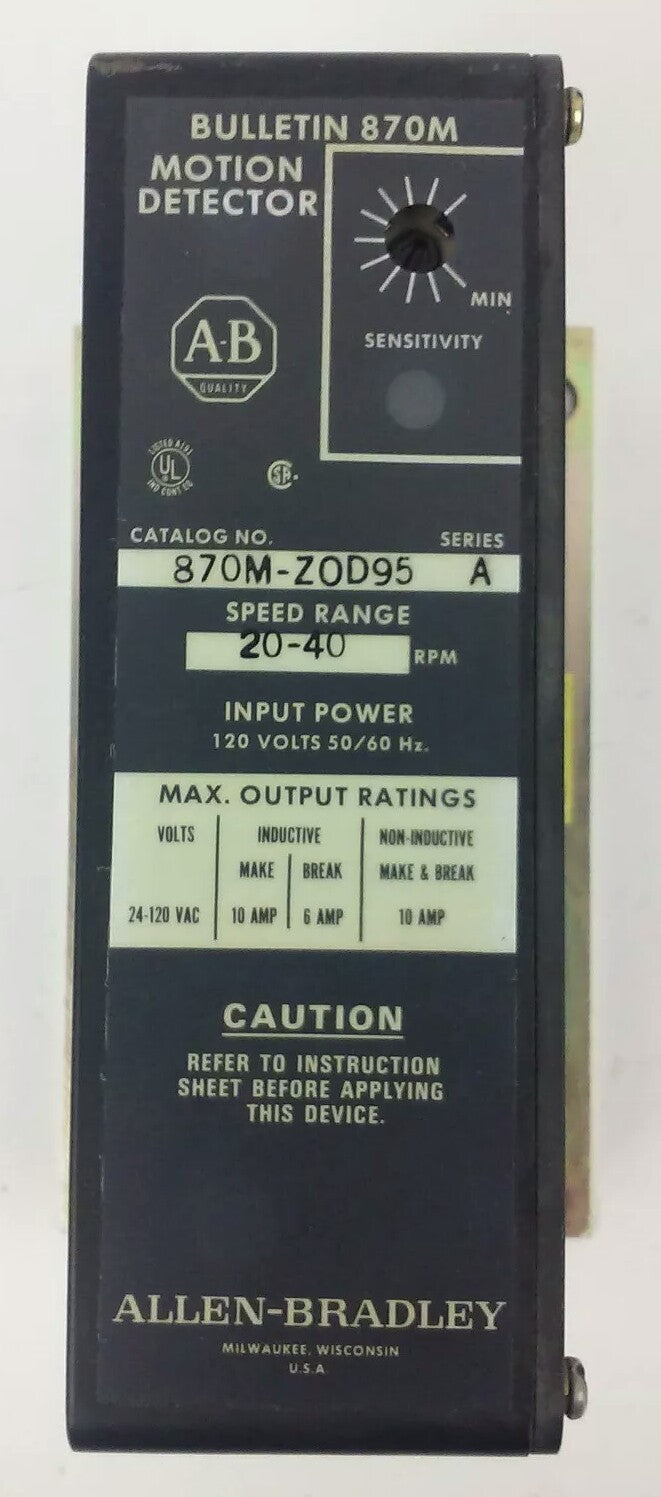 ALLEN BRADLEY 870M-ZOD95 SER. A, MOTION DETECTOR, 20-40 RPM SPEED RANGE,120V 10A