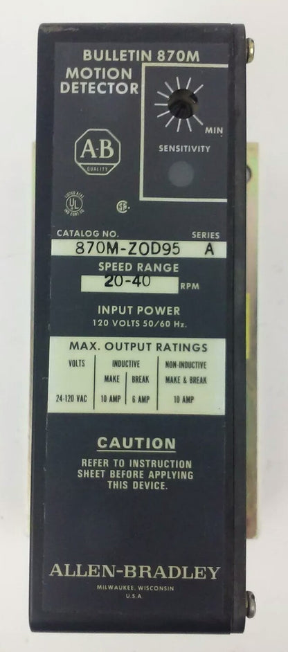 ALLEN BRADLEY 870M-ZOD95 SER. A, MOTION DETECTOR, 20-40 RPM SPEED RANGE,120V 10A