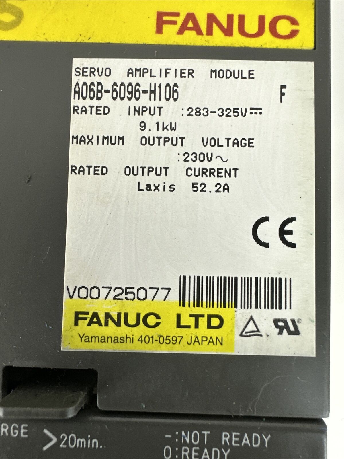 FANUC A06B-6096-H106 F SERVO AMPLIFIER INPUT 283-325VDC OUTPUT 230VAC
