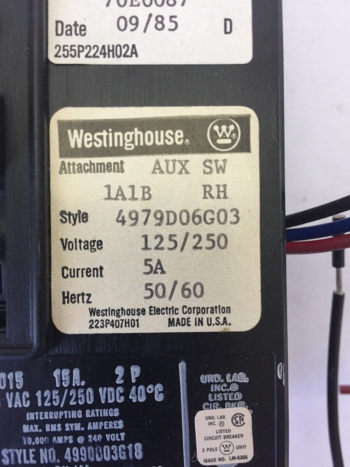 WESTINGHOUSE EB2015 CIRCUIT BREAKER 15AMP 2POLE 240VAC 125/250VDC 4990D03G18