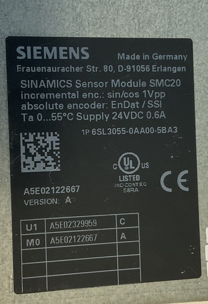 SIEMENS 6SL3055-0AA00-5BA3 SENSOR MODULE SMC20 24VDC 0.6A VER.A