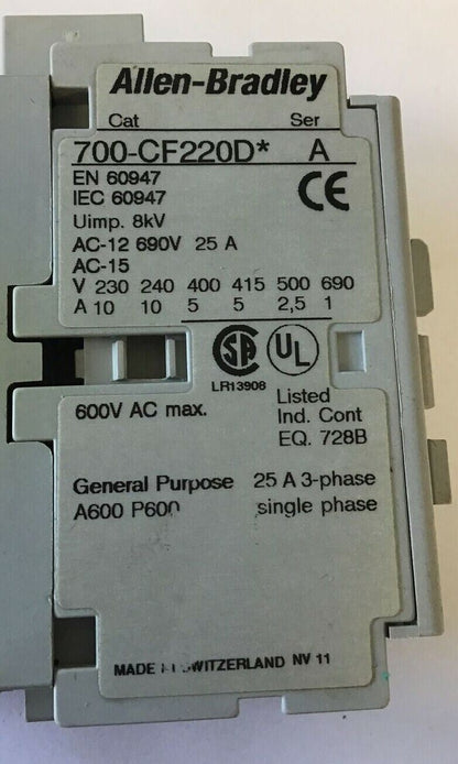ALLEN BRADLEY 700-CF220D* SER.A CONTACTOR 25A 600VAC