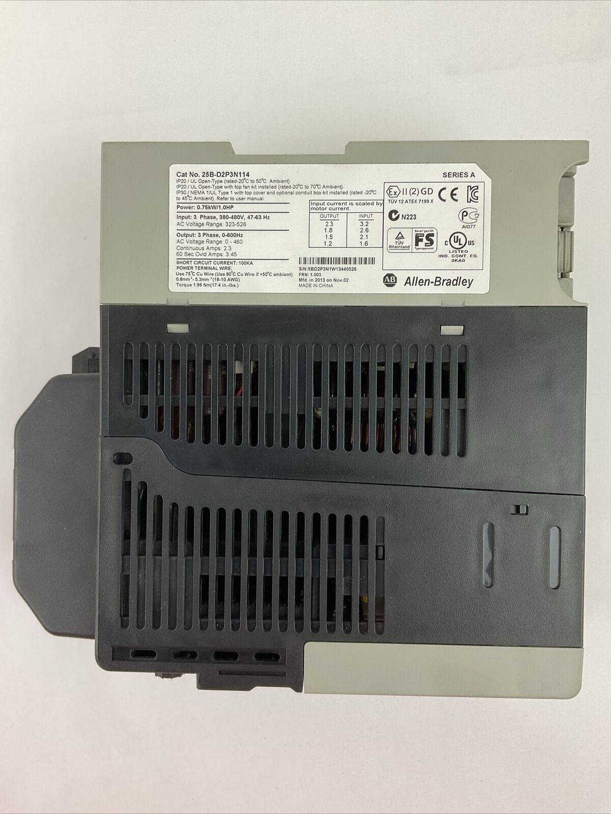 ALLEN BRADLEY 25B-D2P3N114 AC DRIVE FRN 1.003 SER A OUTPUT 0-460VAC 25-FAN1-70C