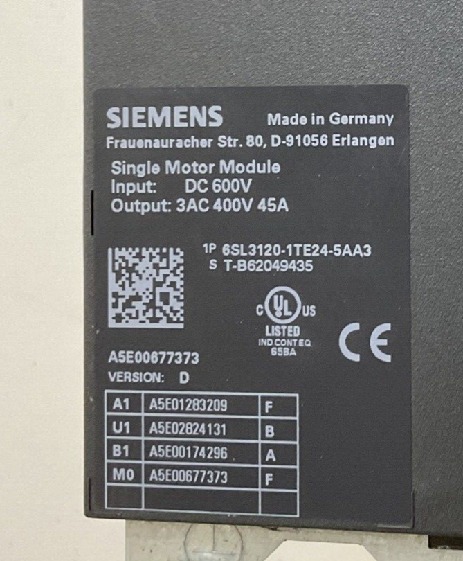 SIEMENS 6SL3120-1TE24-5AA3 SERVO DRIVE 600VDC 45A VER.D