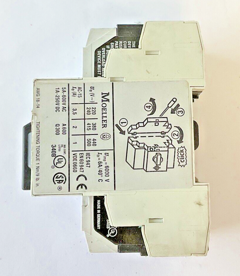 MOELLER PKZM0-6.3 CIRCUIT BREAKER SER.02 600VAC W/NHI11-PKZ0 AUX CONTACT