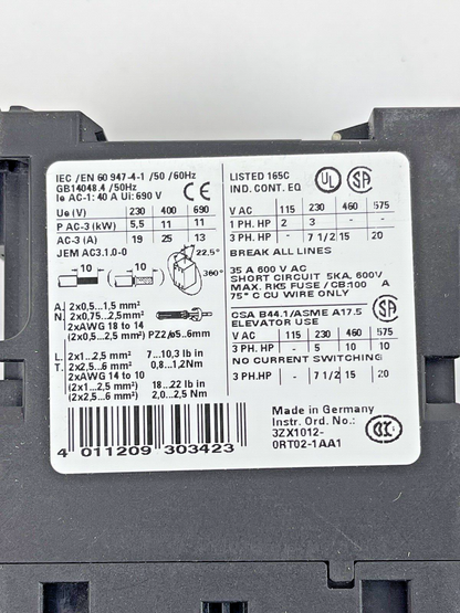 SIEMENS - 3RT1026-1BB44 - CONTACTOR - 3 Pole 25 (AC-3) A 400 V AC