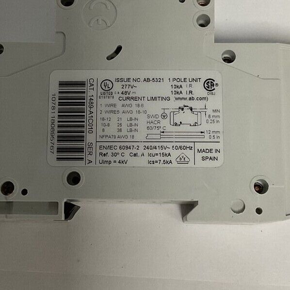 ALLEN BRADLEY 1489-A1C010 CIRCUIT BREAKER 1A 277VAC 48VDC SER.A