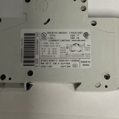 ALLEN BRADLEY 1489-A1C010 CIRCUIT BREAKER 1A 277VAC 48VDC SER.A
