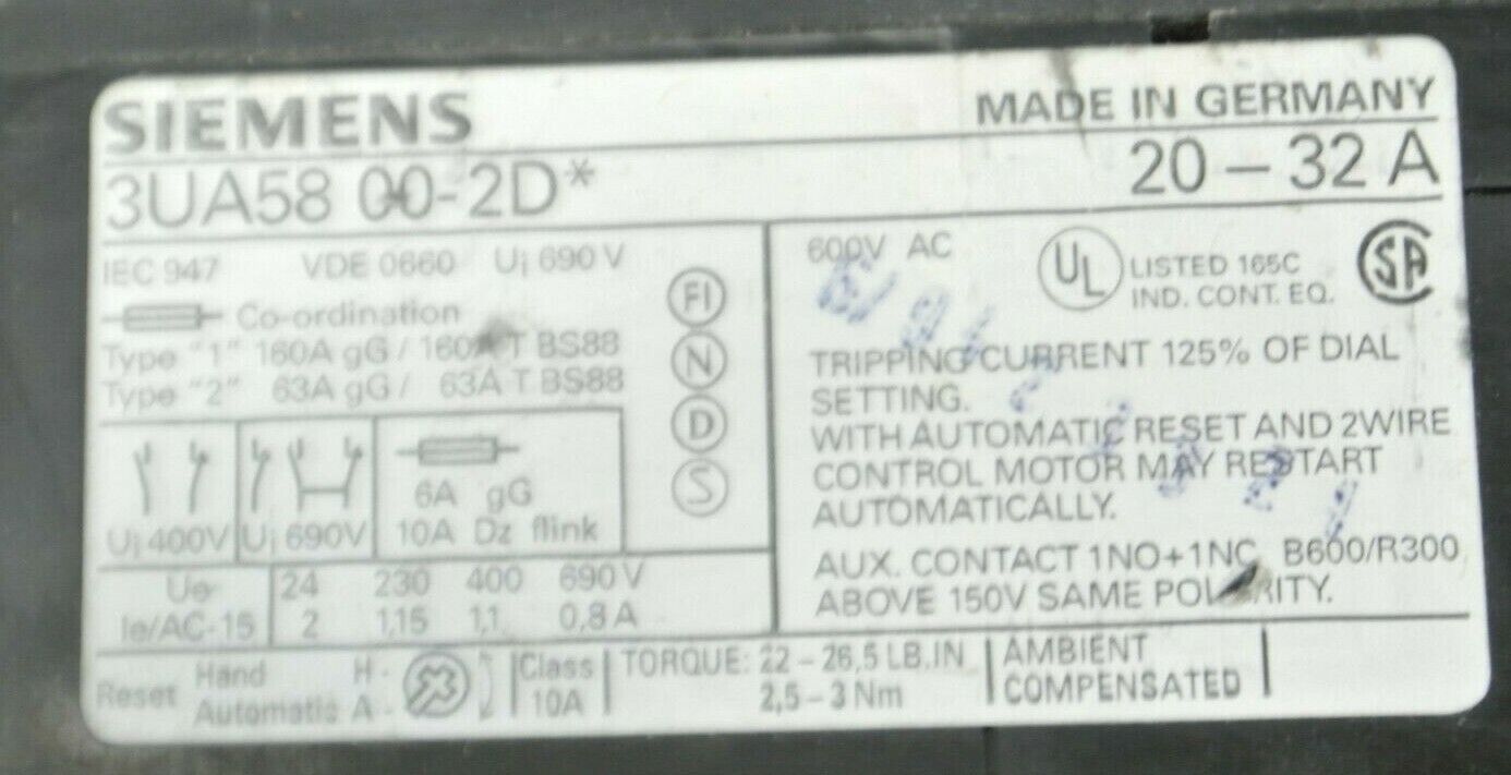 SIEMENS 3UA58 00-2D* OVERLOAD RELAY / 20-32 AMP