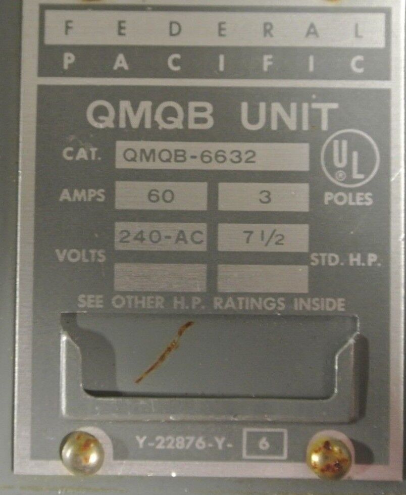 FEDERAL PACIFIC QMQB-6632  TWIN PANELBOARD SWITCH - 240VAC, 60A, 3-POLE, 7-1/2HP