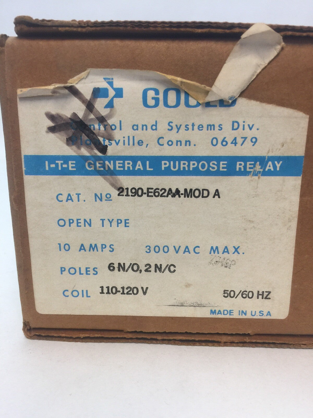 GOULD 2190-E62AA MOD A GENERAL PURPOSE RELAY 300VAC 10A 2090-810 COIL 110-120V