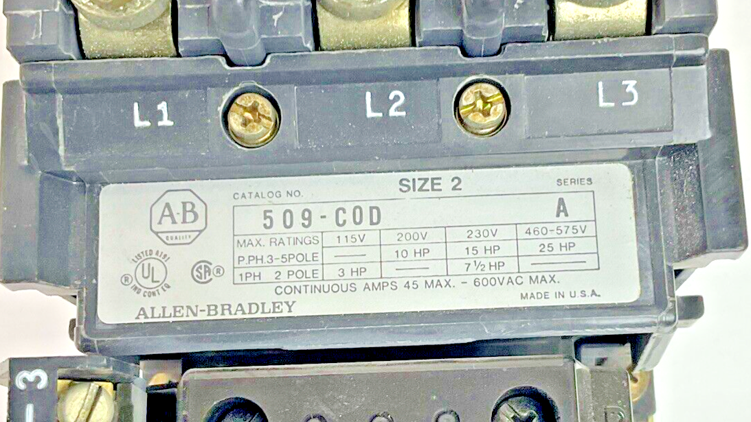 ALLEN-BRADLEY 509-C0D STARTER SER.A SIZE2 25HP W/115-120V COIL