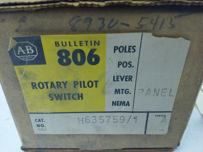 ALLEN BRADLEY BULLENTIN 806 H636759-1 SER. A, ROTARY PILOT SWITCH, 3 CIRCUITS