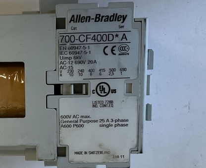 ALLEN BRADLEY 700-CF400D* CONTACTOR SER.A 690V 20A 24VDC