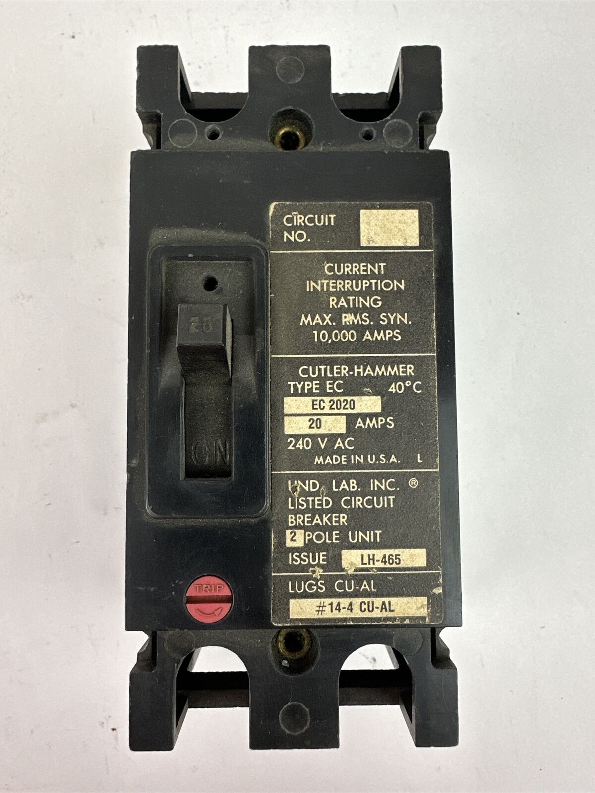 CUTLER HAMMER EC2020 CIRCUIT BREAKER 20AMP 240VAC 2POLE