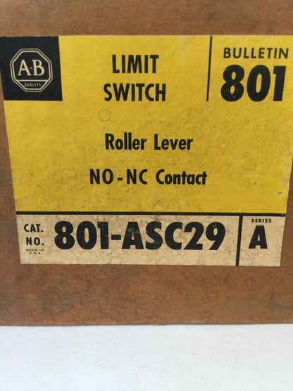 ALLEN BRADLEY 801-ASC29 LIMIT SWITCH ROLLER LEVER  600V AC/DC NO-NC CONTACT