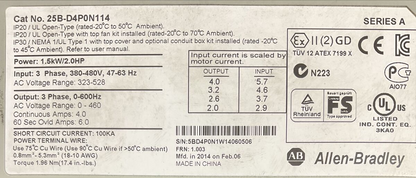 ALLEN BRADLEY 25B-D4P0N114 AC DRIVE FRN 1.003 SER A OUTPUT 0-460VAC