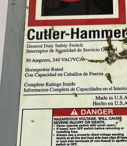 CUTLER HAMMER DG221URB SAFETY SWITCH SER.B TYPE3R 240VAC 2POLE