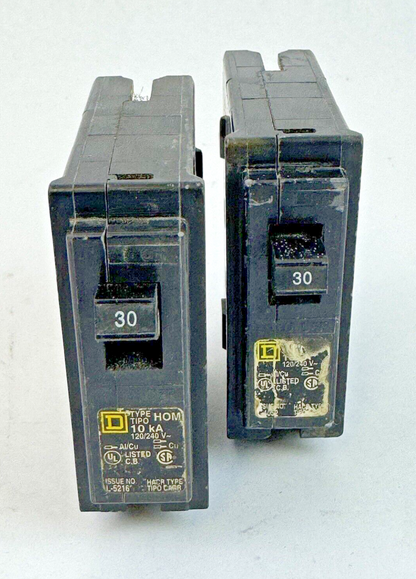 SQUARE D **LOT OF 2** HOM130 - CIRCUIT BREAKERS - 1 POLE/ 30 A/ 240 VAC