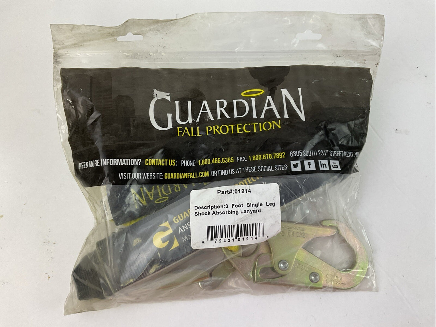 GUARDIAN FALL PROTECTION 01214 3 FOOT SINGLE LEG SHOCK ABSORBING LANYARD
