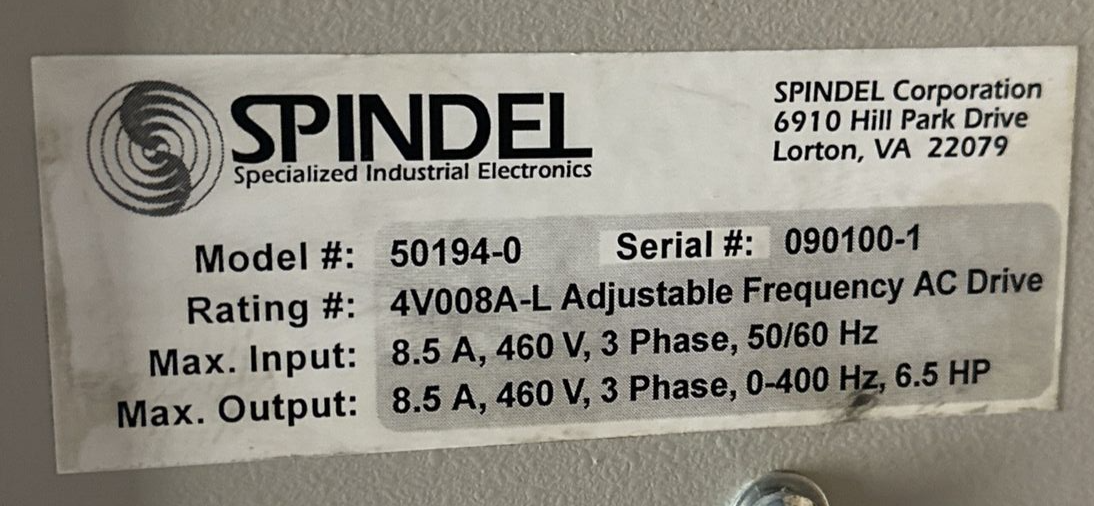 SPINDEL MASTER 50194-0 4V008A-L ADJ FREQUENCY AC MOTOR DRIVE 8.5A 460V 3PH 6.5HP