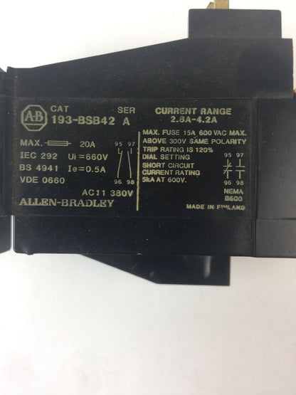 ALLEN BRADLEY 193-BSB42 OVERLOAD RELAY 2.8-4.2A SER A
