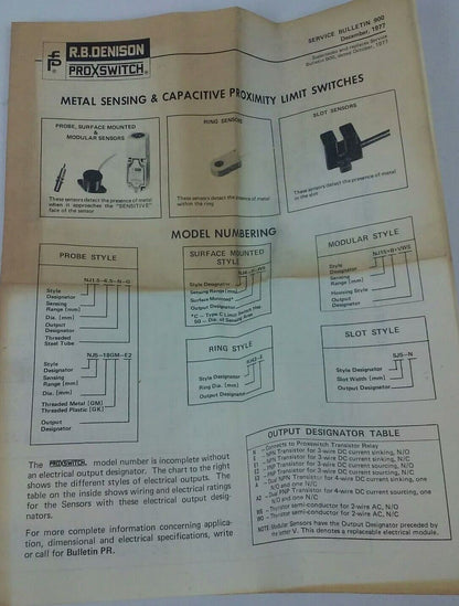 R.B.DENISON NJ50-F+VA, PROXIMITY LIMIT SWITCH, 250V, BUL. 900, NEW SURPLUS, NJ50