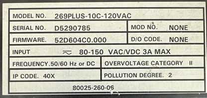 GE MULTILIN 269PLUS-10C-120VAC MOTOR MANAGEMENT RELAY FW 52D604C0.000 80-150V 3A