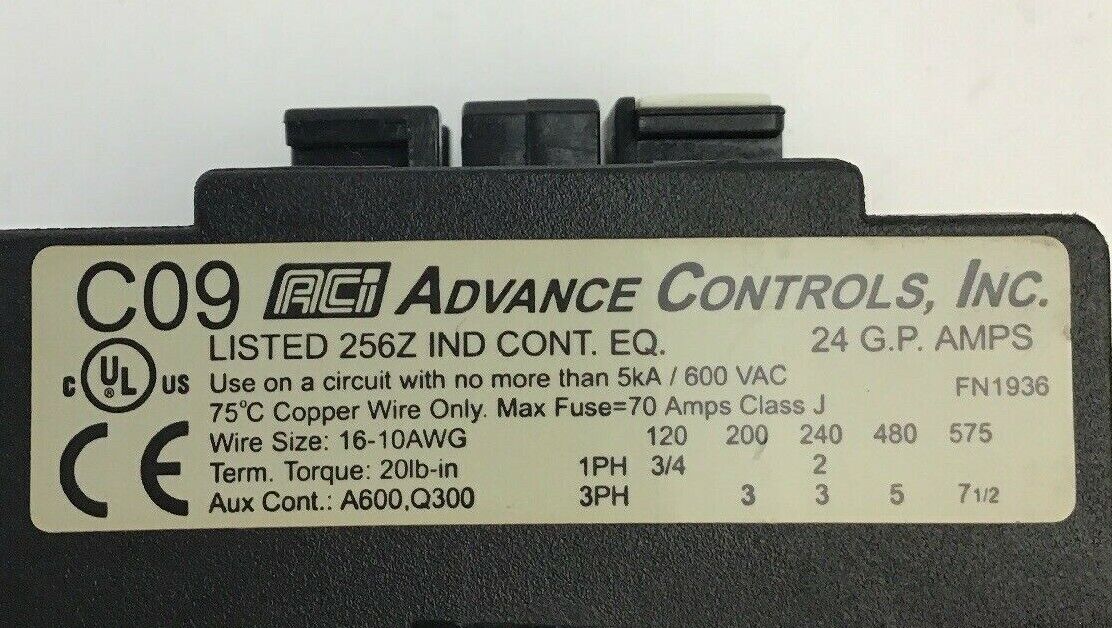 ADVANCED CONTROLS C09 120V COIL 70A STARTER
