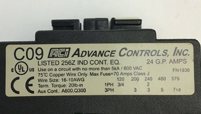 ADVANCED CONTROLS C09 120V COIL 70A STARTER