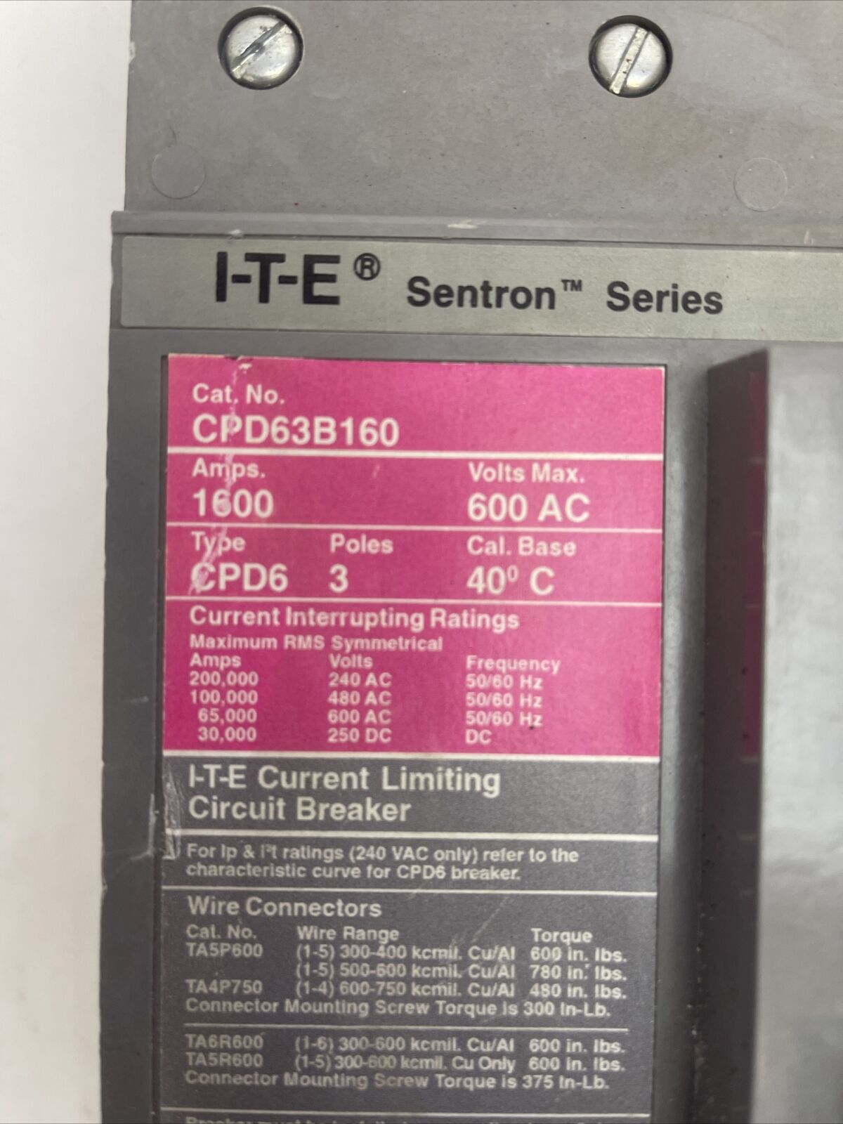 ITE SIEMENS CPD63B160 SENTRON SERIES CIRCUIT BREAKER 1600A 600VAC 3POLE