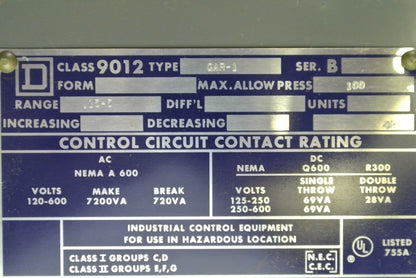SQUARE D 9012 GAR1 - ELECTROMECHANICAL PRESSURE SWITCH - NEW SURPLUS