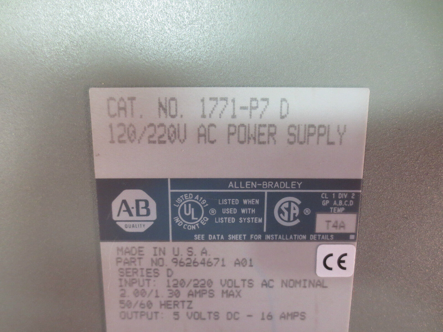 ALLEN-BRADLEY 1771-P7 D, 120/220V AC POWER SUPPLY, Ser. D