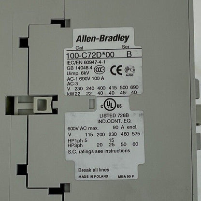 ALLEN BRADLEY 100-C72DJ10 CONTACTOR 24VDC SER.B 3POLE W/ 100-S AUX. CONTACT