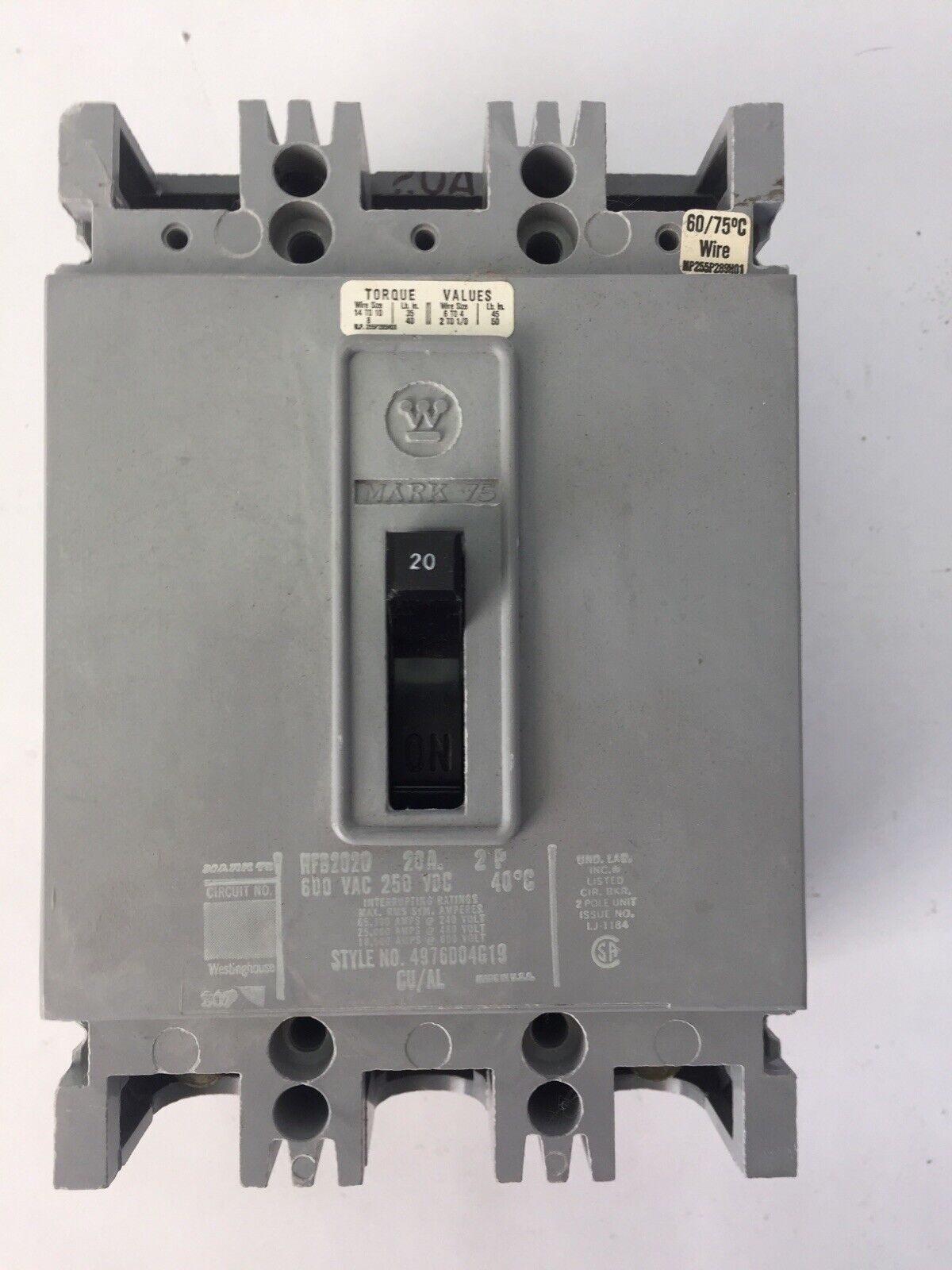 WESTINGHOUSE HFB2020 CIRCUIT BREAKER 20AMP 600VAC 250VDC 2P 4976D04G19