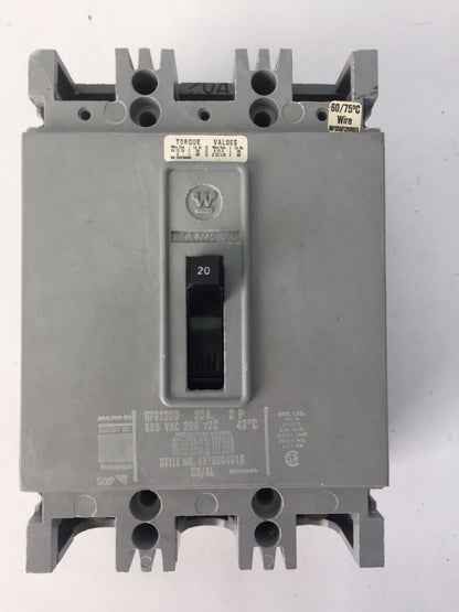 WESTINGHOUSE HFB2020 CIRCUIT BREAKER 20AMP 600VAC 250VDC 2P 4976D04G19
