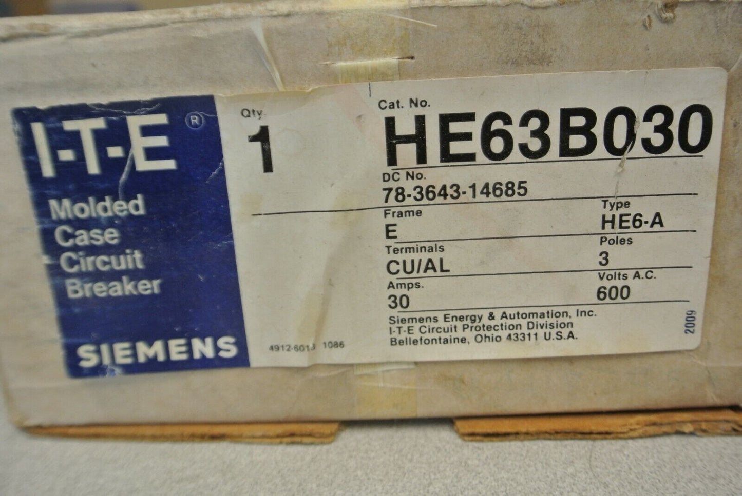 I-T-E / SIEMENS HE63B030 CIRCUIT BREAKER / 3-POLE / 30A / 600VAC / NEW SURPLUS