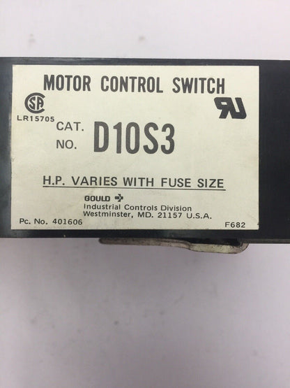 GOULD D10S3 MOTOR CONTROL M.C. SWITCH SIZE 3 100AMPS 3 POLES 600V 75HP UNFUSED