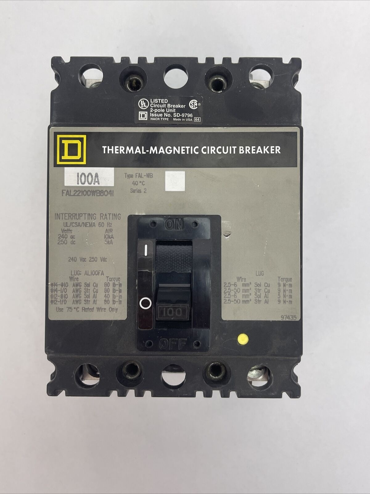 SQUARE D FAL22100WB8041 CIRCUIT BREAKER 100AMP 240VAC 250VDC 2POLE SERIES 2