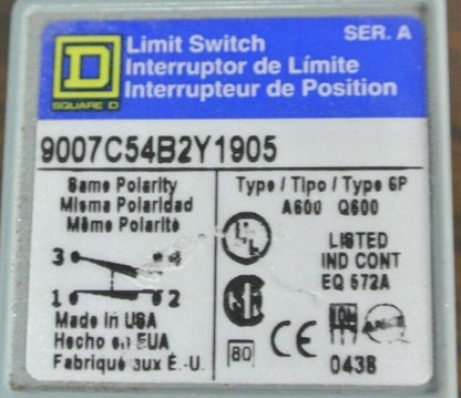 SQUARE D 9007C54B2Y1905 Ser. A - LIMIT SWITCH - NEW SURPLUS - TYPE B OPER. HEAD