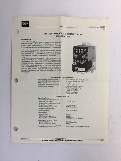 CUTLER HAMMER D60LA0 ADJUSTABLE CURRENT RELAY TRANSFORMER D60LT4 600V 6-54A