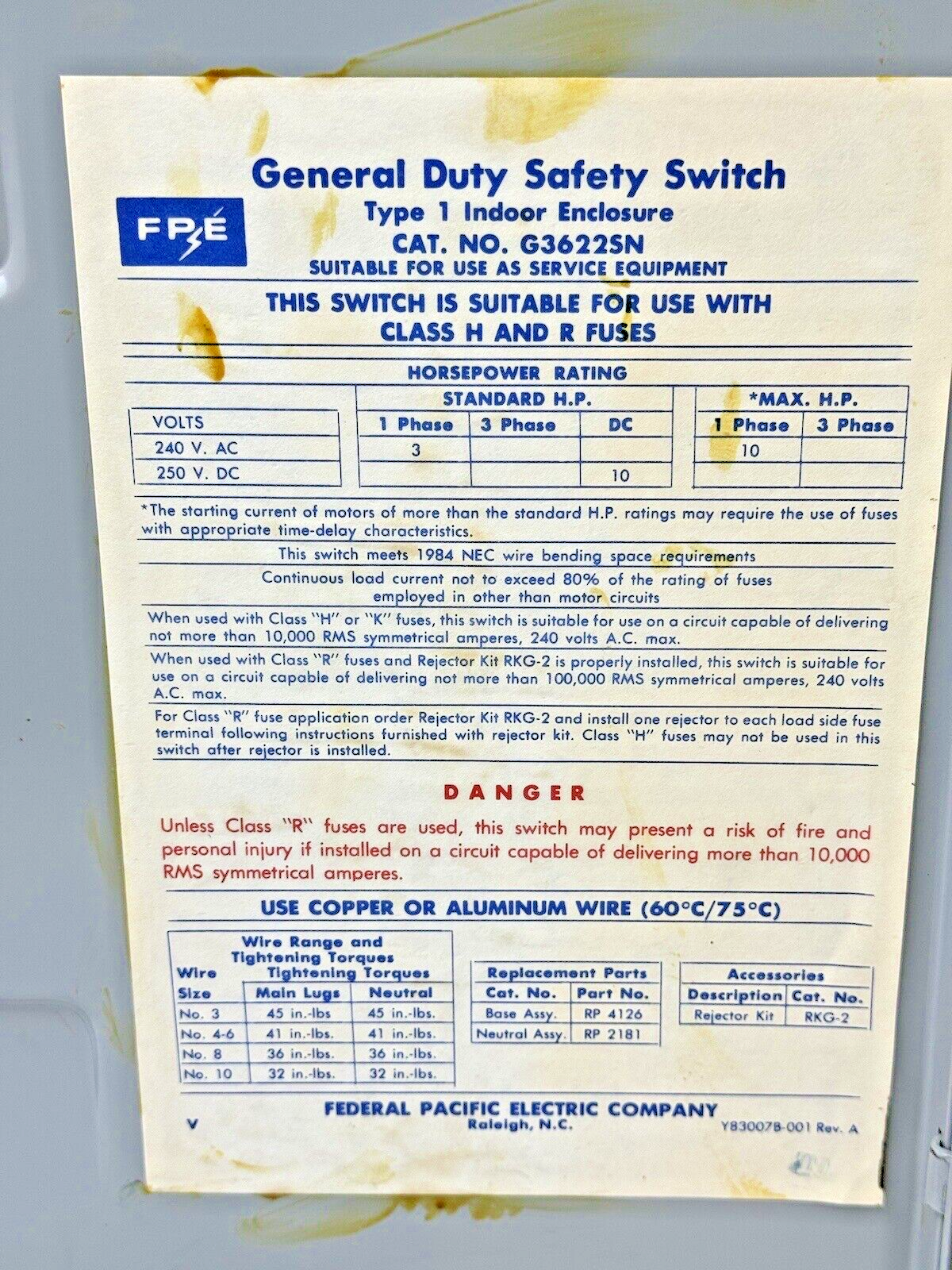 FEDERAL PACIFIC - G3622SN - SAFETY SWITCH - 60 AMP, 2 POLE, 240 VAC, NEMA TYPE 1